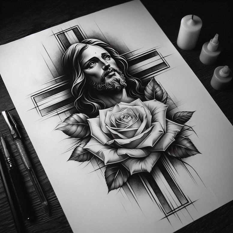 jesus tattoo design ideas dramatic lighting peaceful represents courage