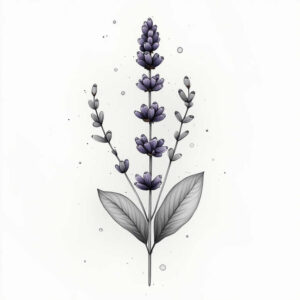 Lavender plant sketch with purple blossoms and grey leaves; tattoo project idea, not suitable for cover-up.