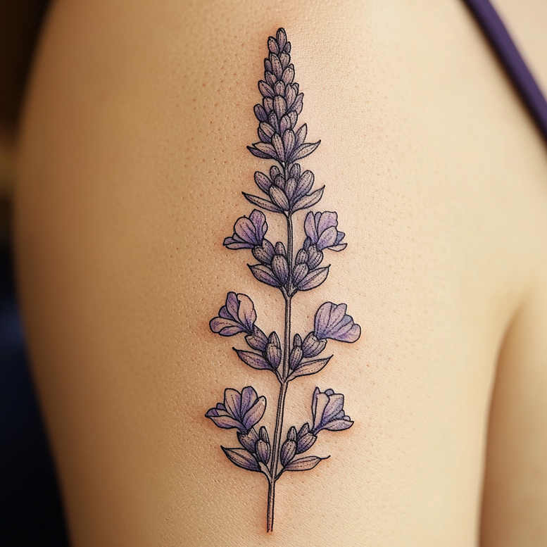 Lavender sprig tattoo in black ink with purple shading on the upper arm; botanical tattoo design, fine line style, suitable for a cover-up.