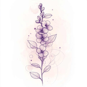 Purple linework along a vertical stem with flower, leaf, and circle motifs; swirls surrounding blooms in purple ink, a tattoo project suitable for a cover-up.