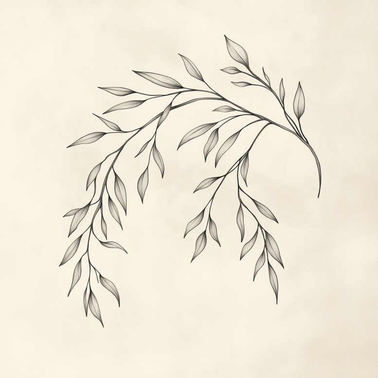 Branch with curling leaves in black-grey line work; tattoo project idea; not specifically for cover-up.