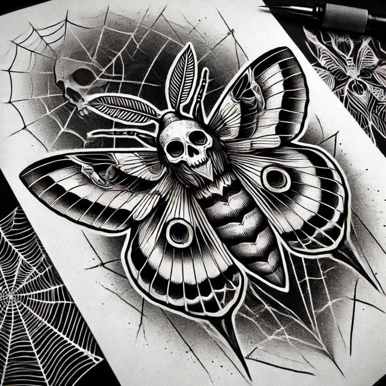 Moth with skull on thorax and web background in black and grey; tattoo project idea, suitable for cover-up.