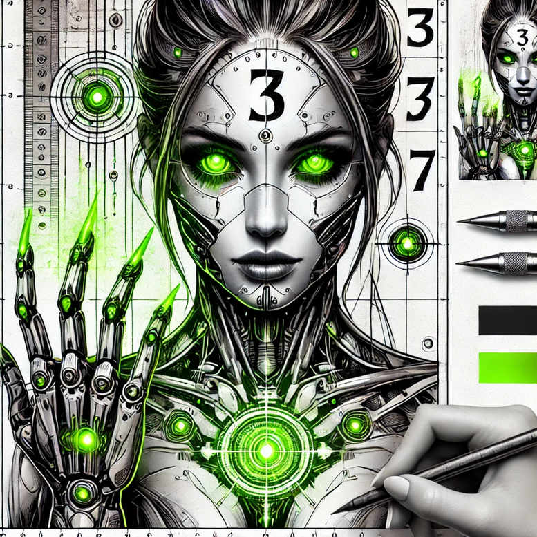 Portrait of a cyborg woman in black-and-grey tones with mechanical facial plating, glowing green eyes, robotic left hand with neon green highlights, central green core, circuit-grid backdrop, and drafting tools nearby.