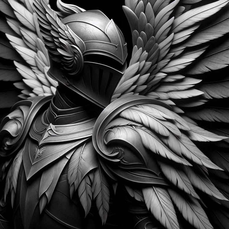Black and grey knight helmet with ornate armor plates and layered wings; AI-generated tattoo project; cover-up suitable; patterned.