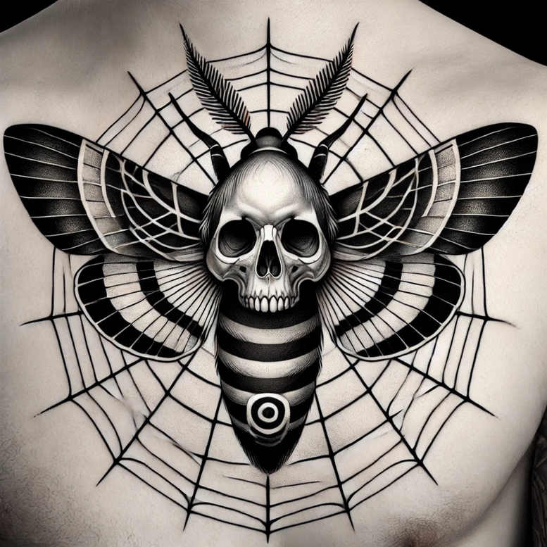Skull centered with wings and a spiderweb backdrop in black and grey; striped abdomen visible; tattoo project, not specifically for cover-up.