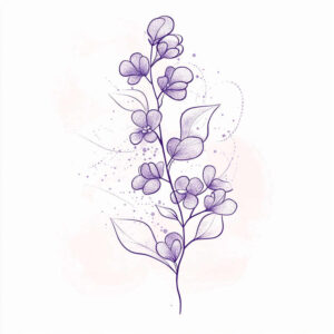 Purple sprig with leaves and small flowers in fine-line ink; purple color; tattoo project idea; not designed for cover-up.