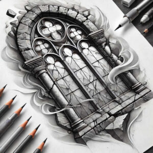 Gothic window sketch in grayscale with cracked stone arches, pencils and eraser; black and grey tattoo concept, AI-generated tattoo project, suitable for cover-up.