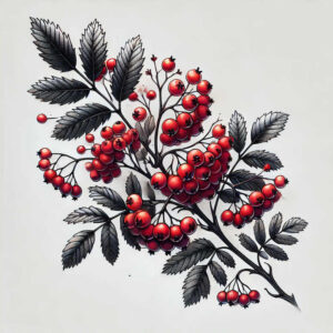 Branch with berry and leaf elements on white background; red berries, black-gray leaves; tattoo project idea; not ideal for cover-up.