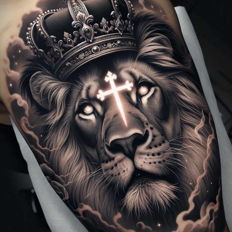 Lion head in black and grey with ornate crown and glowing cross on the forehead, surrounded by wisps; tattoo project ideal for cover-up.