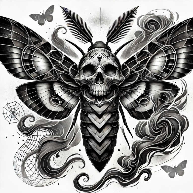Skull centerpiece with winged moth-like wings, left spider web, and butterfly silhouettes in black and grey; tattoo project, cover-up suitable.