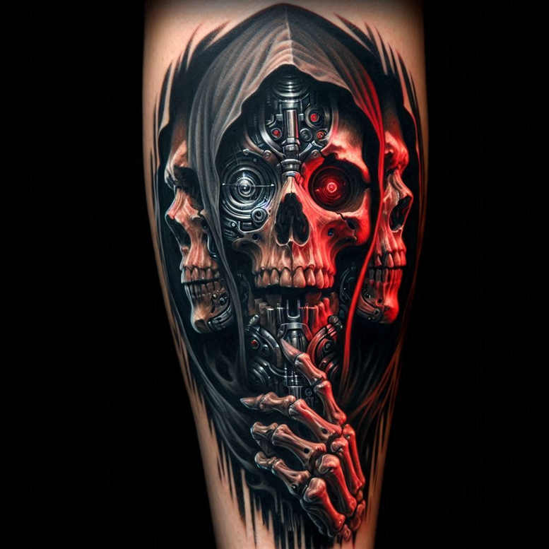Three skulls interwoven with gears beneath a dark hood, rendered in black and grey; AI-generated tattoo project, cover-up-ready.
