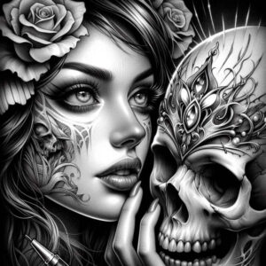 line-skull-tattoo – tattoo design ideas free ai generated – shadowy – for-upper-back – Gallery: skulls-inkby-ai