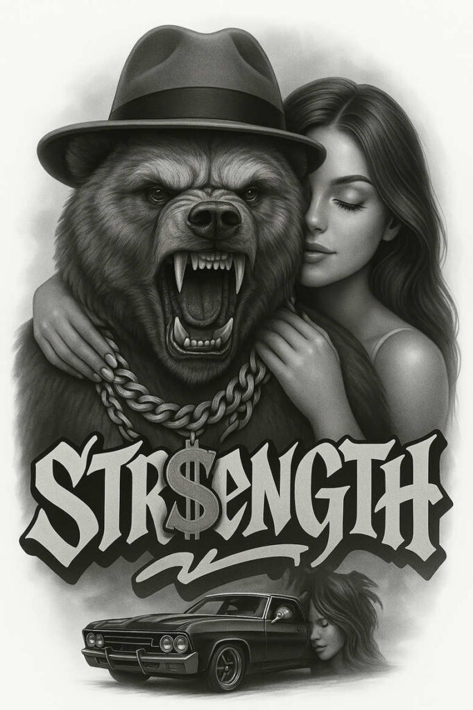 Bear wearing a hat snarls, embraced by a woman; chain, vintage car, and bold 'Strength' lettering visible; grayscale scene; black and grey tattoo design idea; cover-up suitable.