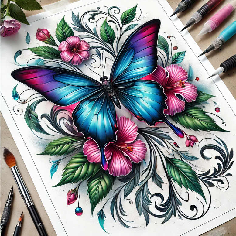Colorful butterfly with blue-gradient wings, pink hibiscus flowers, green leaves, and decorative swirls; color project idea; not for cover-up.