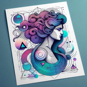 Woman head in profile with flowing purple-blue hair and geometric lines, triangles, and circles in full color; AI-generated tattoo project.