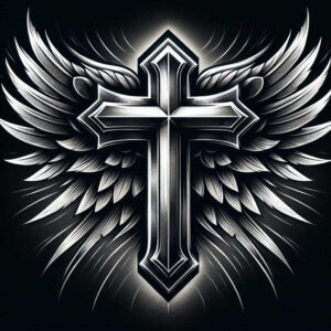 Cross with wing on black and grey background; tattoo design concept, ideal for a cover-up.