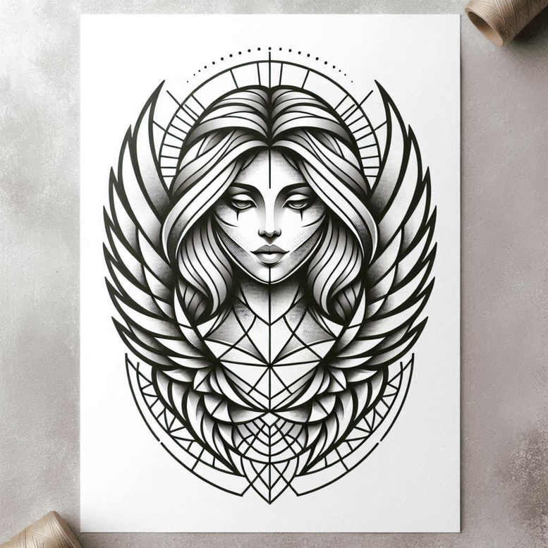 Black and grey tattoo design of a woman's face with wings and a geometric halo; project design; suitable for a cover-up.