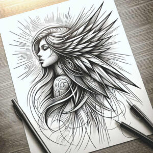 Black and grey linework tattoo sketch of a female profile with flowing hair and winged rays; project idea; not ideal for cover-up.