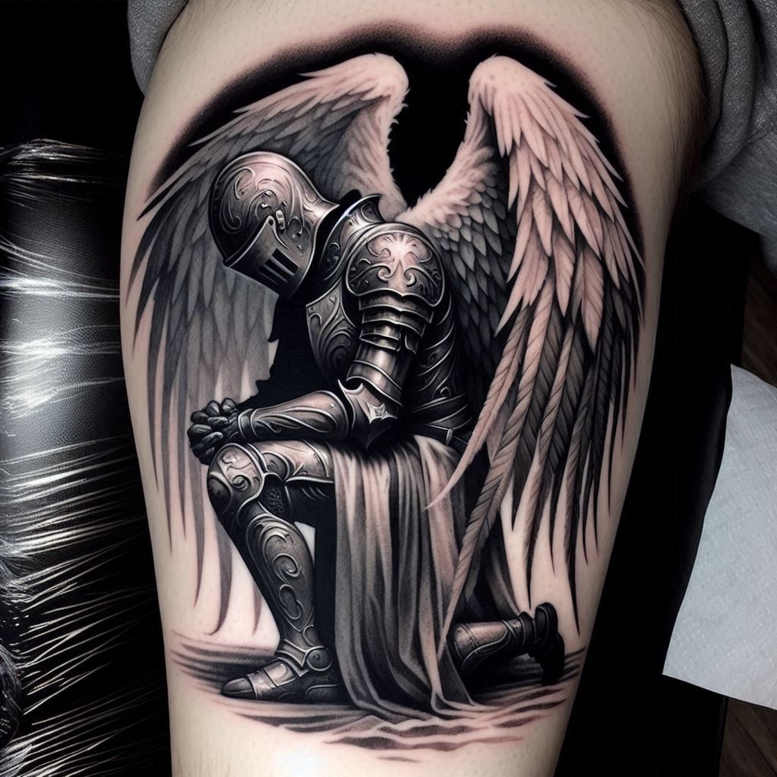 Knight in black and grey armor with large wings kneeling; winged figure with ornate engravings; AI-generated tattoo project; cover-up capable.