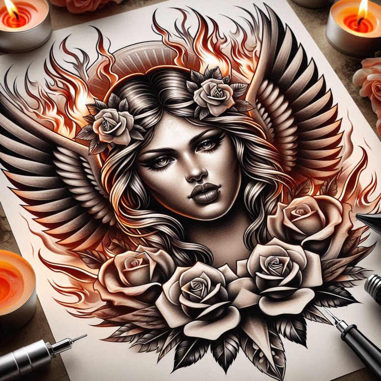 Black and grey portrait of a woman with wings, roses, and flames; tattoo design idea; cover-up suitable.