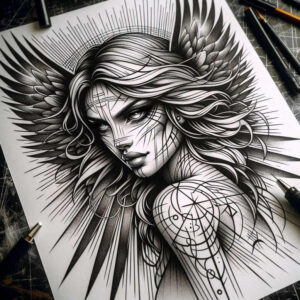 Woman with wings and geometric circle tattoo on the shoulder in black and grey; AI-generated tattoo project; suitable for cover-up.