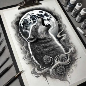 colorful-wolf-tattoo – tattoo design ideas free ai generated – surrealism-mysterious – for-scapula – Gallery: wolves-inkby-ai