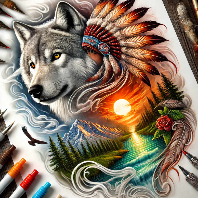 symbolic-wolf-tattoo – tattoo design ideas free ai generated – surrealism-metaphysical – for-toe – Gallery: wolves-inkby-ai